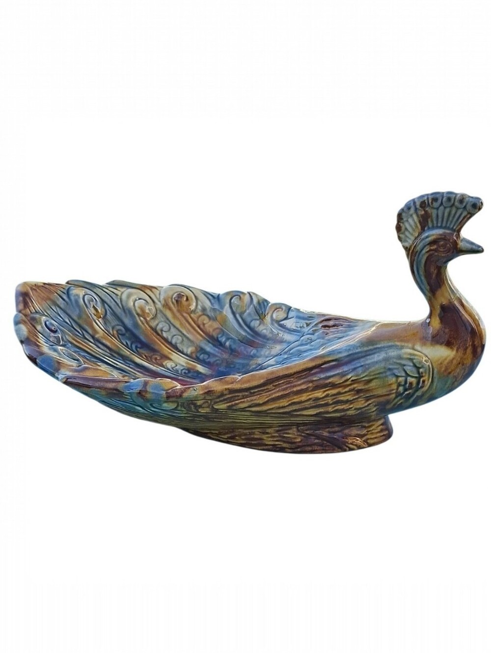 Ceramic Peacock Cottagecore Decorative Bowl Multicolor Art Pottery Glossy Finish